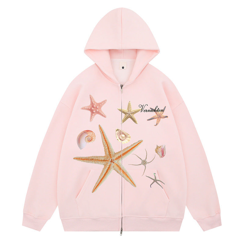 Print Hooded Sweatshirt New Design Loose Casual Zip-Up Jacket for Men and Women