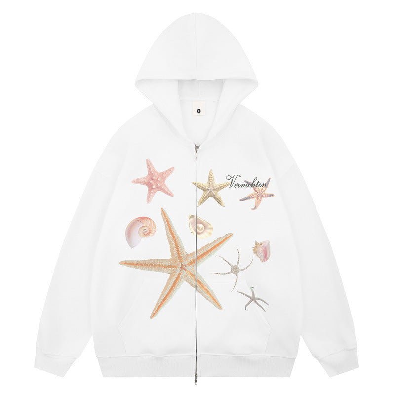 Print Hooded Sweatshirt New Design Loose Casual Zip-Up Jacket for Men and Women