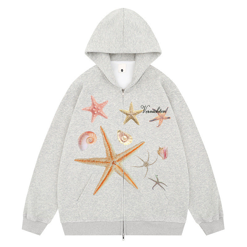 Print Hooded Sweatshirt New Design Loose Casual Zip-Up Jacket for Men and Women