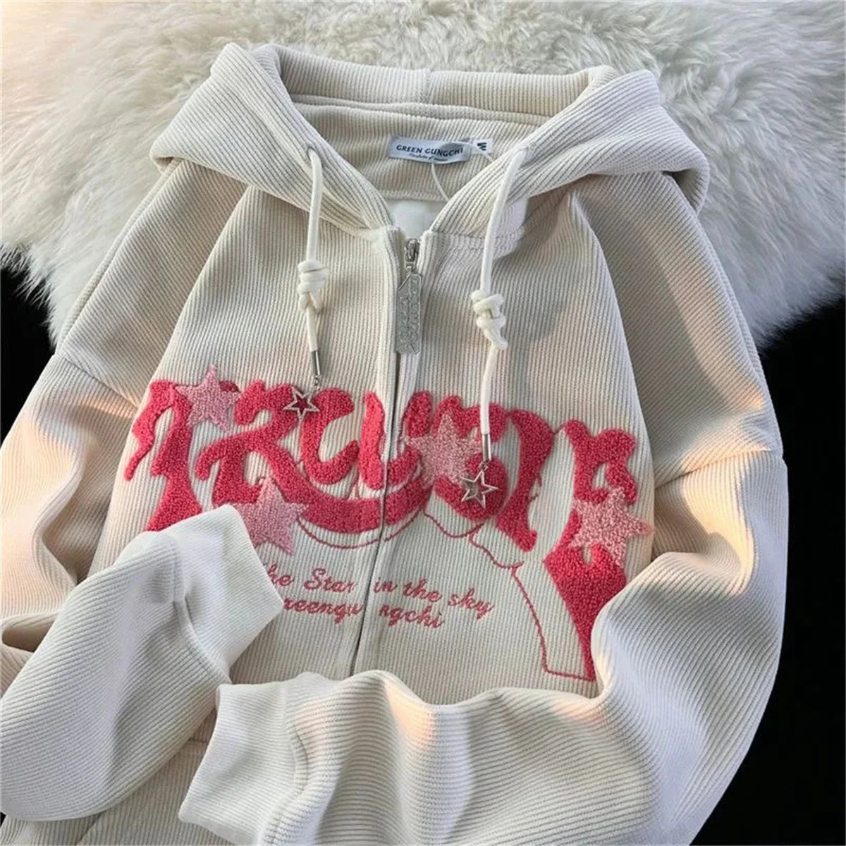 Women’s Embroidered Zipper Hoodie – Y2K Loose Harajuku Sweatshirt