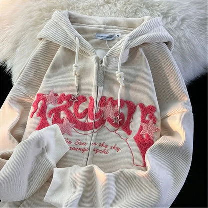 Women’s Embroidered Zipper Hoodie – Y2K Loose Harajuku Sweatshirt