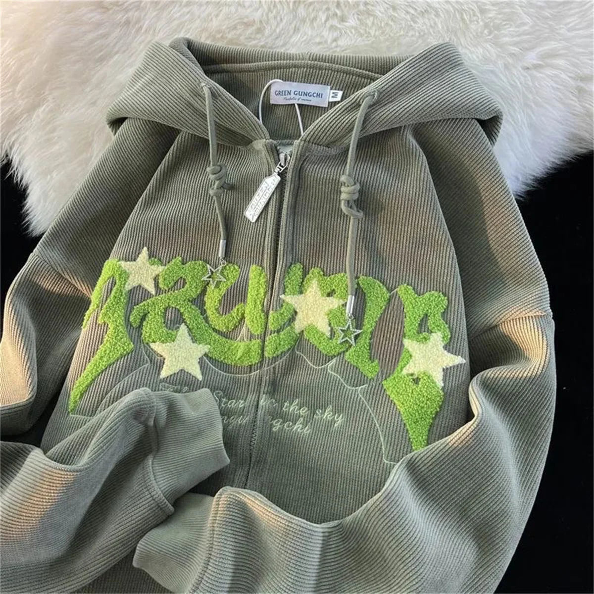 Women’s Embroidered Zipper Hoodie – Y2K Loose Harajuku Sweatshirt