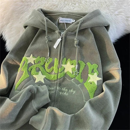Women’s Embroidered Zipper Hoodie – Y2K Loose Harajuku Sweatshirt